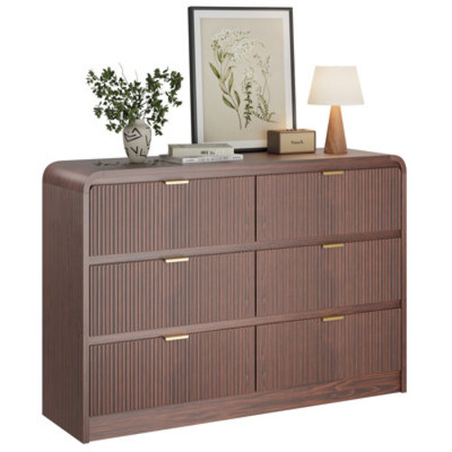 Ebern Designs Fluted 6 Drawers Dresser for Bedroom, 54" Wide Wooden Dresser with Metal Handle, Curved Profile Design, Modern Storage Organizer for Living Room, Hallway & Reviews | Wayfair
