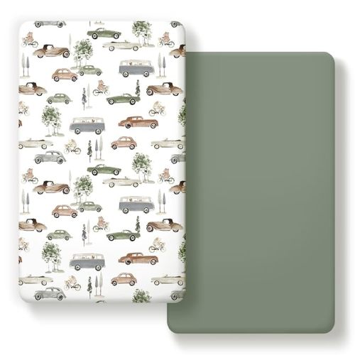 GRSSDER Stretchy Ultra Soft Jersey Knit Fitted Crib Sheets Set 2 Pack, Universal Fitted All Standard Crib Mattress Pads Safe and Snug, Crib Fitted Sheet for Baby, Neutral Pattern of Cartoon Cars Print