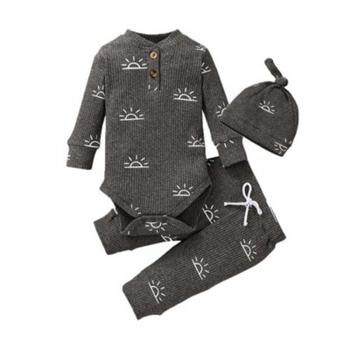 Newborn Infant Baby Boy Clothes Long Sleeve Romper Pants Headband Hat Outfits Set ( Newborn, Grey)