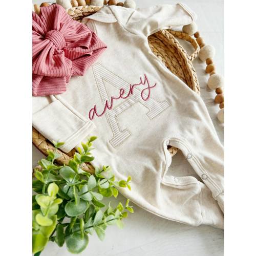 Personalized Baby Girl Footie: Oatmeal & Rose, Embroidered Initial