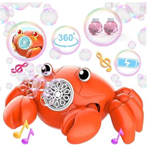 Rechargeable Bubble Machine - Lights Up Crab Bubble Maker for Kids with 360° Moving & Auto-Dodge & Music - Party Birthday Gifts Outdoor Toys for Toddlers Ages 3+ Boys Girls