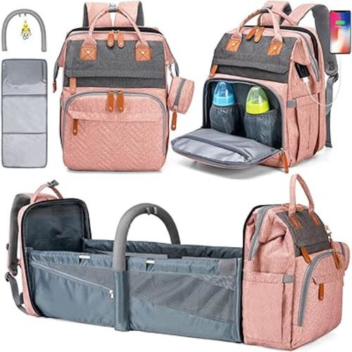 KABAQOO Diaper Bag Backpack, Large Baby Diaper Bags for Boys Girls, Baby Bag with USB Charging Port, Multifunction Waterproof Travel Back Pack for Moms Dads, Pink Grey