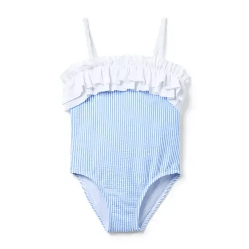 Girl Soft Blue Stripe Recycled Striped Ruffle Swimsuit by Janie and Jack