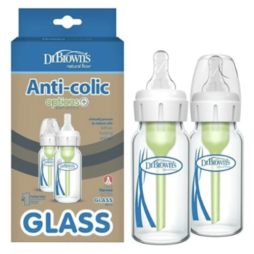Dr. Brown's Anti-Colic Options+ Narrow Glass Baby Bottle with Level 1 Slow Flow Nipple, BPA-Free, 4 oz/120mL, 4-Pack