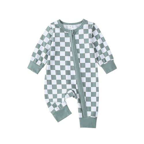 Karuedoo Newborn Baby Boy Girl Clothes Checkered Long Sleeve Zipper Romper Jumpsuit One Piece Bodysuit Fall Winter Outfit