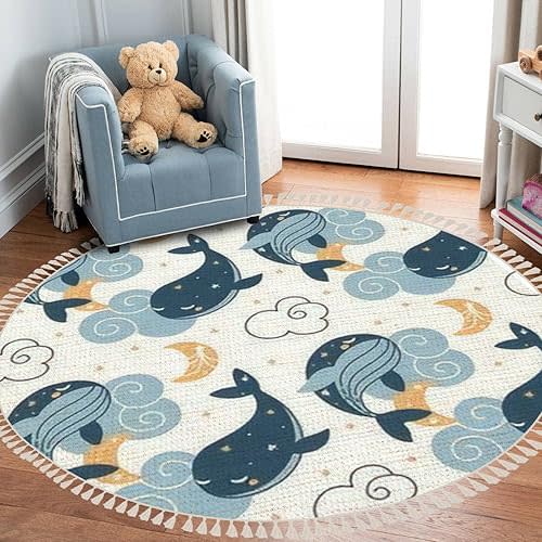 Ocean Beach Area Rugs Cute Whales Sleeping Clouds Fantasy Marine Animal Round Boho Area Rug Playmat Washable Hallway Runner Mat for Nursery Kid Room Bedroom Decoration Children Gift 3ft