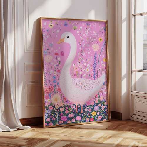 Pink Goose Print, Floral Goose Nursery Print, Goose Home Wall Decor Print, Girls Print, Floral Duck Print , Trendy Pink Wall Art