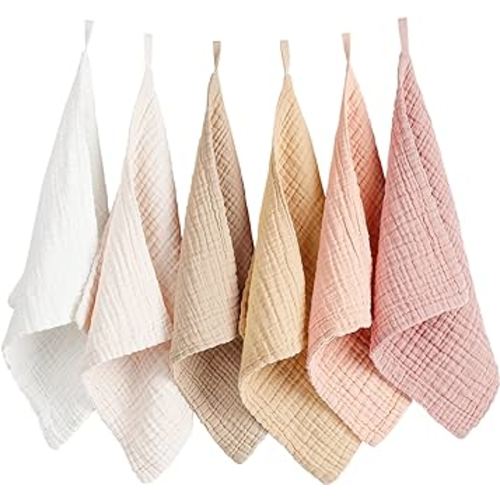 Konssy 6 Pack Baby Muslin Washcloths for Unisex 100% Cotton Wash Cloth Set for Baby Face Body Comfy and Soft for Newborn Infants Kids Girls and Boys