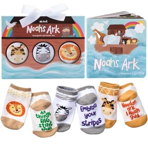 Tickle & Main Noah’s Ark 4-Piece Books for Babies 0-12 Months - Includes Storybook and 3 Pairs of Animal Socks Noah Arc Noahs Ark Book for Baby