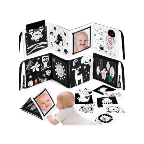 URMYWO Black and White Baby Toys, Tummy Time High Contrast Newborn Toys 0-3 Months, Baby Boy Girl Gifts, Visual Stimulation Learning Activity Cards, Soft Baby Book, Montessori Infant Toys 0-12 Months