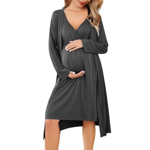 Ekouaer Maternity Nursing Gown and Robe Set Labor Delivery Nightgowns | Birthing Hospital Gowns, Skin-friendly, Postpartum Clothes, Split Front Flap, Elastic Waistline, Perfect for Pregnant Mommas