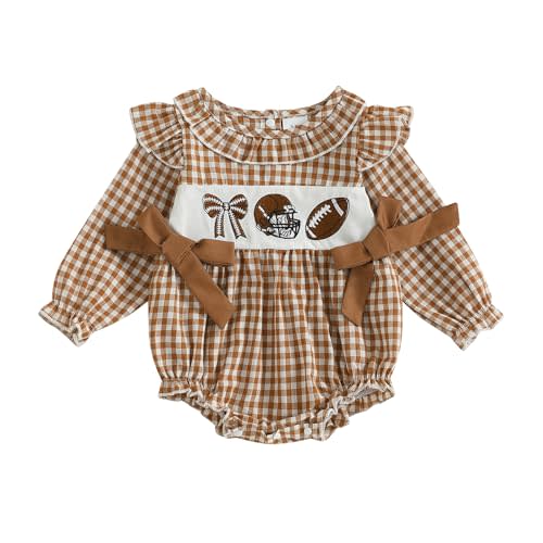 Yuemengxuan Newborn Baby Girl Football Outfit Ruffle Long Sleeve Plaid Bubble Romper Game Day Smocked Onesie Fall Clothes