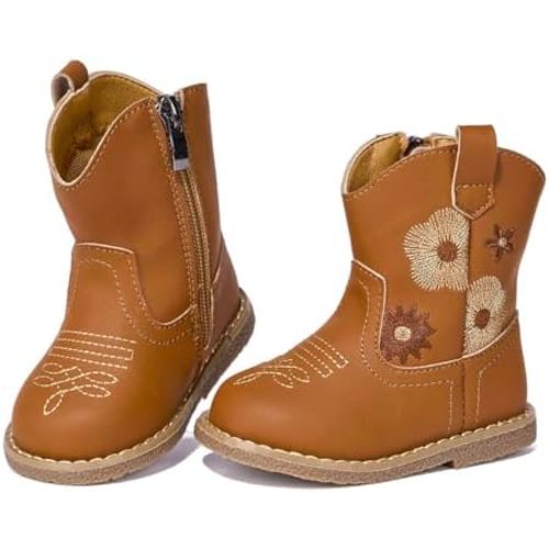 Newsonet Baby Cowboy Cowgirl Boots Western First Walker Shoes Boys Girls Round Toe Boots Winter All Seasons 6-24 Months Infant Toddler