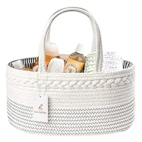 Diaper Caddy Organizer, Large Cotton Rope Nursery Baby Basket, Changing Table Organizer for Baby Diaper Storage, Portable Car Organizer Removable Divider (Off White, Large)
