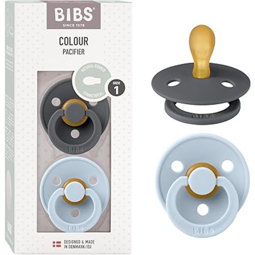 BIBS Pacifiers 0-6 Months | 2-Pack Soothers | Symmetrical Nipple | BPA-Free Natural Rubber | Made in Denmark | Iron/Baby Blue Colour Pacifier