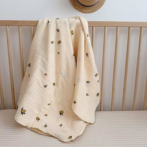 BuLuTu 2 Layers Large Muslin Cotton Blanket for Toddler Boys Girls, Soft Breathable Crib Blankets,Thin Baby Quilt for Summer, Lemons Pattern, 47"x51"