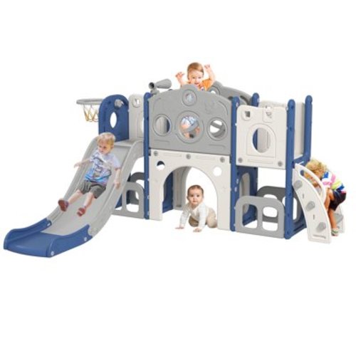 Kinbor 8 in 1 Toddler Outdoor Playset Slides for Kids Backyard, Slide Climber Basketball Hoop Indoor Outdoor Playground, Blue