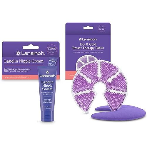 Lansinoh Lanolin Nipple Cream, 1.41 Ounces, and Breast Therapy Packs with Soft Covers, 2 Pack, Breastfeeding Essentials for Moms