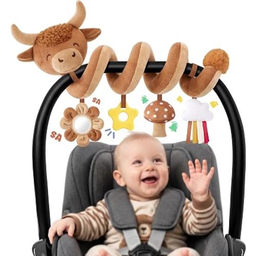 Stuffed Highland Cow Spiral Car Seat Toys for Babies 0-3-6-12 Months, Infant Stroller Toy with Mushroom Pendant & Star Teether Hanging, Cute Baby Registry Search & Shower Gifts for Newborns