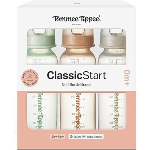 Tommee Tippee Classic Start Baby Bottles, 0m+, Silicone Slow Flow Teat, Anti-Colic Valve, Green/Brown/Grey, 250ml, Narrow Neck, 3 Pack, Dishwasher Safe