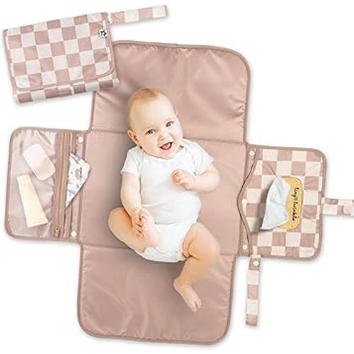Tiny Twinkle Portable Diaper Changing Pad | Waterproof, Wipeable & Compact Baby Changing Pad for Travel | Smart Wipes Pocket & Organized Storage| Newborn Shower Gift (Beige Checkers)