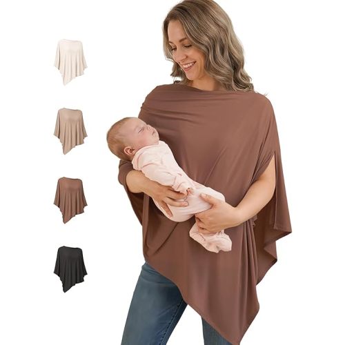 Konssy Rayon Made from Bamboo Nursing Cover for Breastfeeding, Buttery-Soft 360° Full Privacy Nursing Poncho, Breathable Stretchy Breastfeeding Cover, Multi-Use Car Seat Canopy (Chestnut)