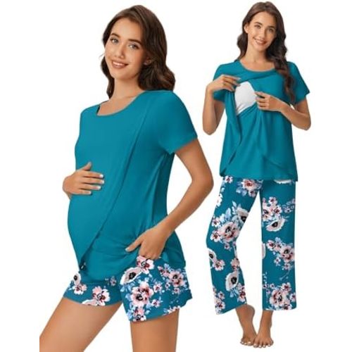 Ekouaer 3 PCS Maternity Nursing Pajamas Set Postpartum Breastfeeding Short Sleeve Shirts, Pregnancy Shorts & Pants Pjs S-XXL