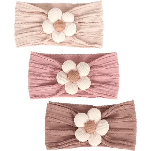 3 Pcs Baby Flower Headbands Baby Girls Nylon Headbands Soft Hairbands Hair Accessories for Newborn Infant Toddler Kids（Beige Pink Khaki）