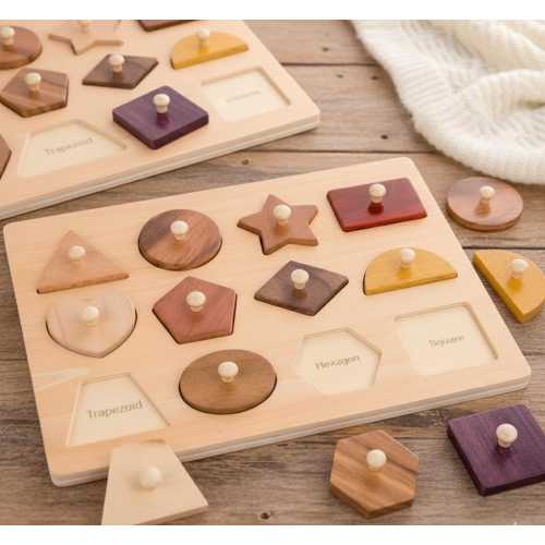 Montessori Wooden Shape Puzzle for Toddlers Geometric Peg Board Toy Natural Wood