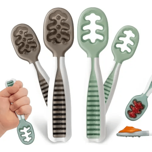 NumNum Baby Spoons Set, Pre-Spoon GOOtensils for Kids Aged 6+ Months - First Stage, Baby Led Weaning (BLW) Teething Spoon - Self Feeding, Silicone Toddler Food Utensils - 6 Spoons, Gray/Green
