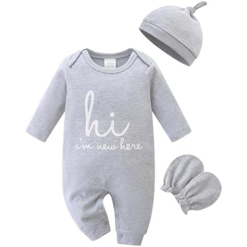 Cute Newborn Unisex Baby 100% Cotton Long Sleeve Onesie Coming Home Outfits,Soft Romper with Mittens & Hat