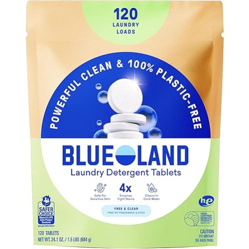 BLUELAND Laundry Detergent Tablets, 120 Count, Plastic-Free Eco-Friendly Pods, Sheets, Liquid Alternative - Fragrance Free and Clear, Natural, Gentle