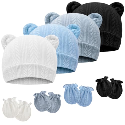 Newborn Baby Hat and Mittens Set Bear Ears Toddler Infant Beanie Caps Newborn Hospital Hat for Baby Boy Girl 0-3 Months