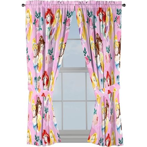 Jay Franco Disney Princess Sassy 63" Inch Drapes 4 Piece Set - Beautiful Room Décor & Easy Set Up, Bedding Features Cinderella & Belle - Window Curtains Include 2 Panels & 2 Tiebacks