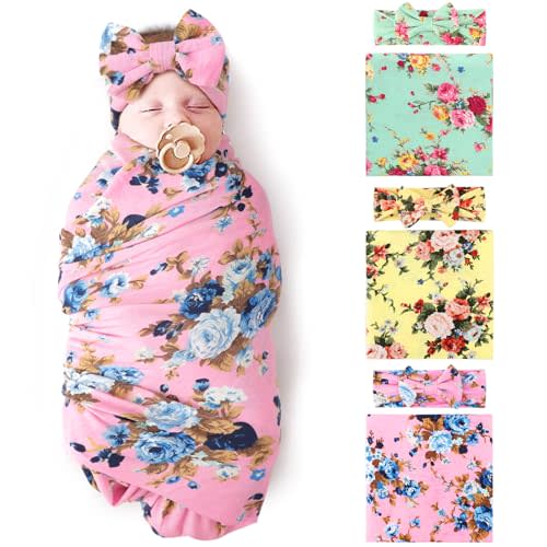 DRESHOW BQUBO Newborn Floral Receiving Blankets 3 Sets Newborn Baby Swaddling with Bow Headbands Sleepsack Toddler Warm Shower Gift