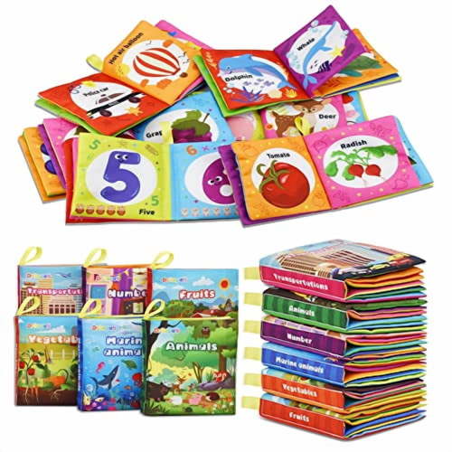 Dr.Rapeti Soft Cloth Book for Baby Infant Toddler Kids 6-Pack Crinkle Squeaky Washable Non-Toxic Early Educational Baby Book Bath Book