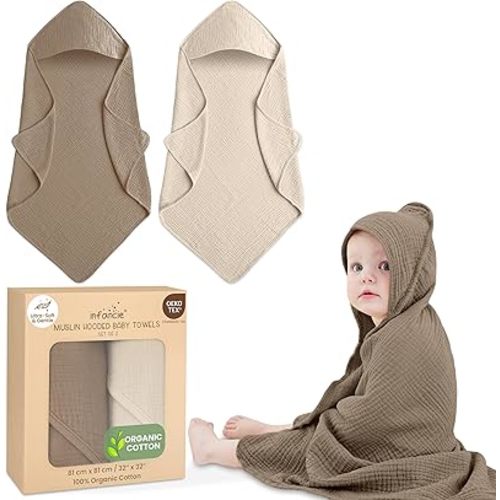 Organic Cotton Muslin Baby Hooded Towels - 32x32 Inch, 2 Pack Newborn Bath Towels for Boys & Girls, Soft & Absorbent Bath Set (Olive/Ivory)