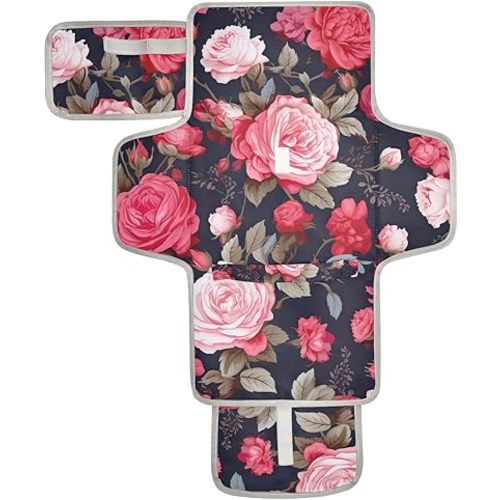 Vintage Pink Roses Portable Changing Pad for Unisex Baby Toddler Foldable Baby Changing Mat with Pillow & Shoulder Strap Travel Changing Station for Traveling Hiking Dresser Gift