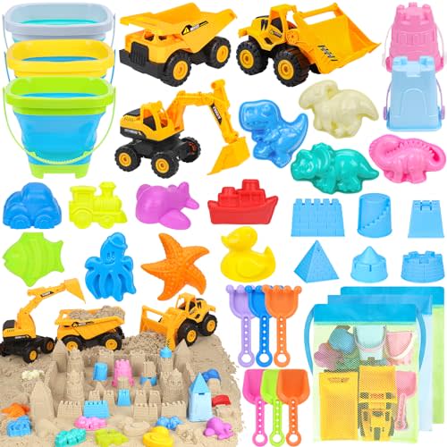FHOZGECY Beach Toys, 35Pcs Sand Toys with 3 Construction Vehicles, 3 Collapsible Beach Bucket, Sand Castle Building Kit, Sand Molds, Shovel Set, Mesh Bag, Travel Toys for Toddlers Kids Boys Girls