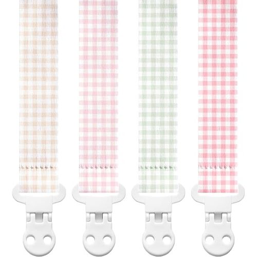 Stadela Baby Fabric Pacifier Clip Holder, Plastic Clip, 4‑Pack, Gingham Pattern, Cottagecore Set