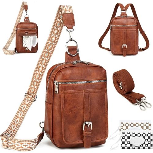 Sling Bag Crossbody Backpack - 2 in 1 Leather Cross Body Bag Fanny Pack with 2 Removable Straps