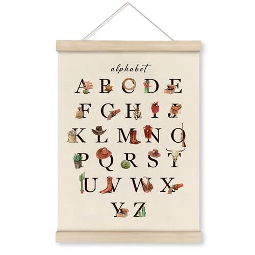 HRQKO Western Alphabet Poster Hanger Frame, Western Nursery Decor, Cowboy Nursery Decor, ABC Poster Wall Art with Wooden Frames, Alphabet Banner Wall Hanging Decor for Boys Cowboys Room,12x16 Inch