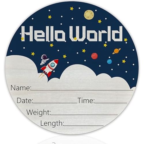 Hello World Birth Announcement 6" Round Birch Wood Newborn Sign for Nursery Hospital & Baby Shower, Personalized Baby Name Plaque, Keepsake Décor Gift for New Parents (White Spaceship)