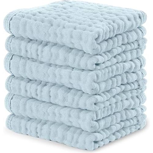 Comfy Cubs Muslin Baby Washcloths 6 Pack - Soft 6-Layer Cotton Wash Cloths for Sensitive Skin - 10"x10" Large, Gentle, Absorbent Infant Essentials for Newborn and Toddlers - Sky Blue