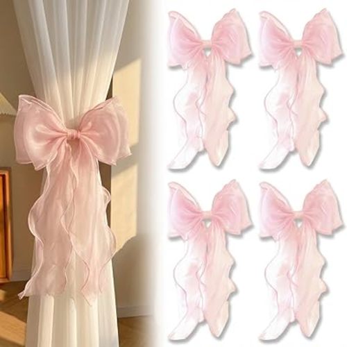 4 Pack French Silky Bow Curtain Tiebacks, Pink Ribbon Bow Ties for Aesthetic Home Decor, Wedding, Party, Office