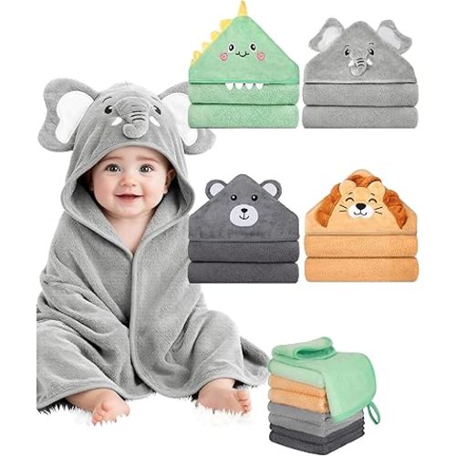 CandyHome 12 PCS Baby Bath Towels Set for Infants Toddlers, 4 PCS Animal Hooded Baby Towels & 8 PCS Washcloths Set, Ultra Absorbent Cute Soft Newborn Bath Essentials Gifts for Boys & Girls