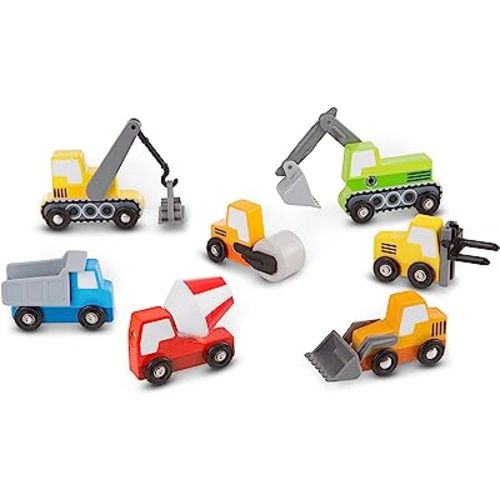 Melissa & Doug Wooden Construction Site Vehicles With Wooden Storage Tray (8 pcs) - Vehicle Toys, Cars For Toddlers And Kids Ages 3+