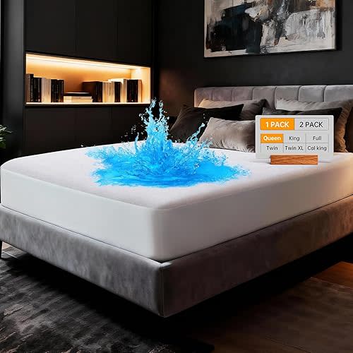 OhGeni 100% Waterproof Mattress Protector, Queen Size, Fitted Sheet with Deep Pockets, 6''-18'', Premium Noiseless Breathable Soft Material, Mattresses Cover for Bed