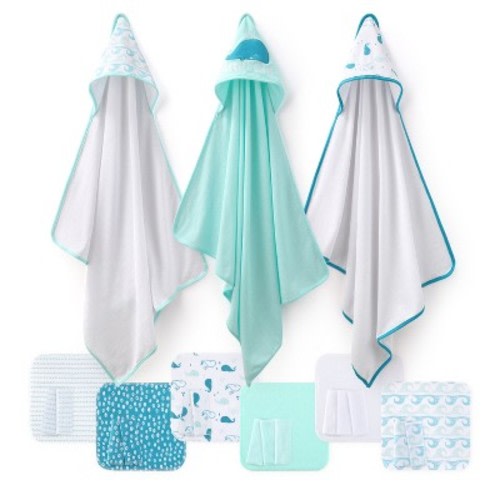 The Peanutshell Nautical Whale Tail 23-Piece Baby Bath Towel Set in Aqua/Teal/White