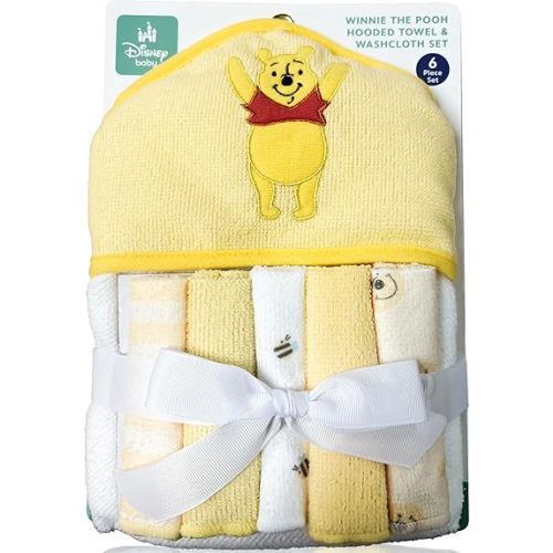Winnie The Pooh Bath Towel Set | Winnie The Pooh Hooded Baby Bath Towel | Includes Hoodie Towel & 5 Wash Cloths | Yellow/White | Officially Licensed